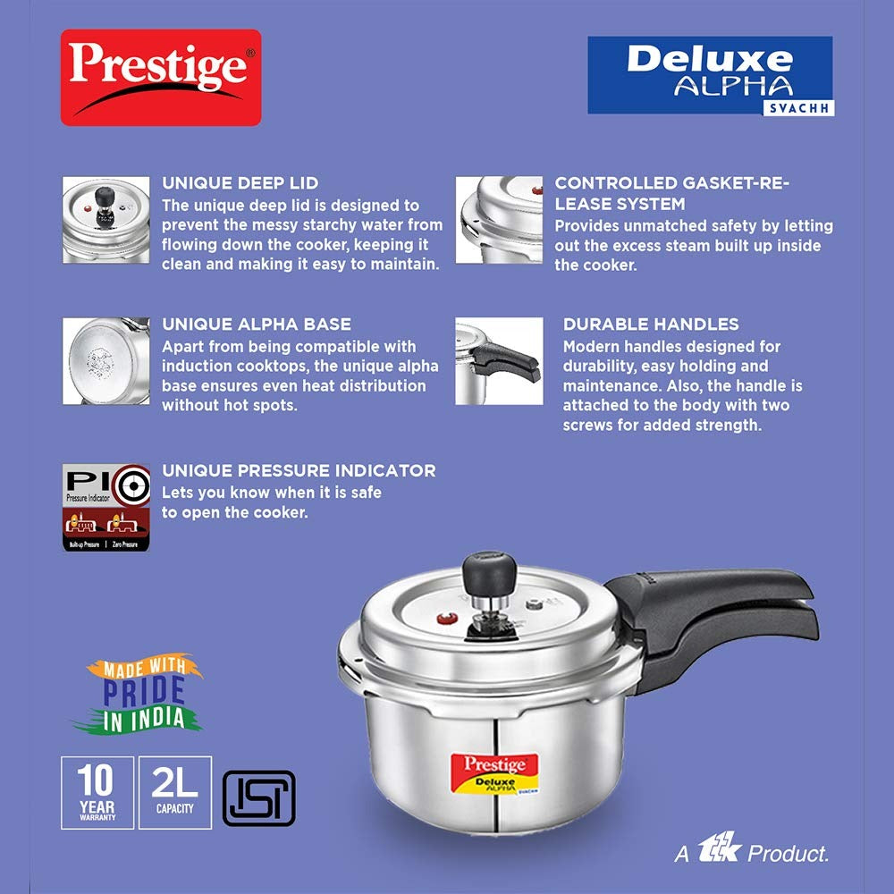 Prestige Svachh Deluxe Alpha 2.0 Litre Stainless Steel Outer Lid Pressure Cookers, Silver, 2 Liter | Eachdaykart