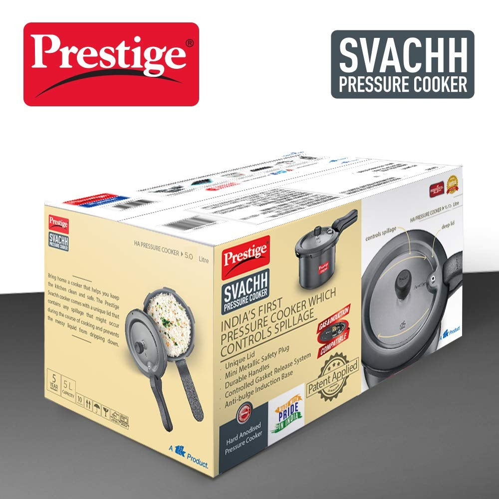 Prestige Svachh, 20278, 5 L, Sr. Pressure Pan, With Deep Lid For Spillage Control, Outer Lid, Aluminium, Black, 5 Liter | Eachdaykart