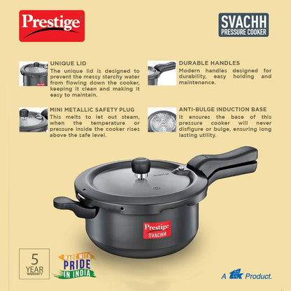 Prestige Svachh, 20278, 5 L, Sr. Pressure Pan, With Deep Lid For Spillage Control, Outer Lid, Aluminium, Black, 5 Liter | Eachdaykart