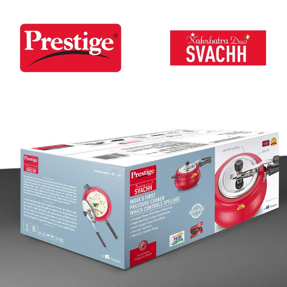 Prestige 2L Nakshatra DUO Plus Svachh Inner Lid Aluminium Handi|Ideal for 2-3 persons|Deep lid for Spillage Control|Gas or induction compatible|Red|5 years warranty | Eachdaykart