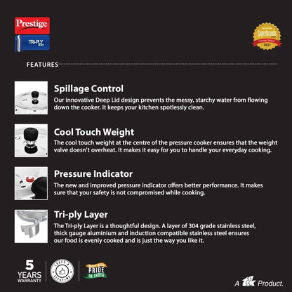 Prestige Svachh Triply 5 Litre, Silver Outer Lid Pressure Cooker (Aluminium) | Eachdaykart
