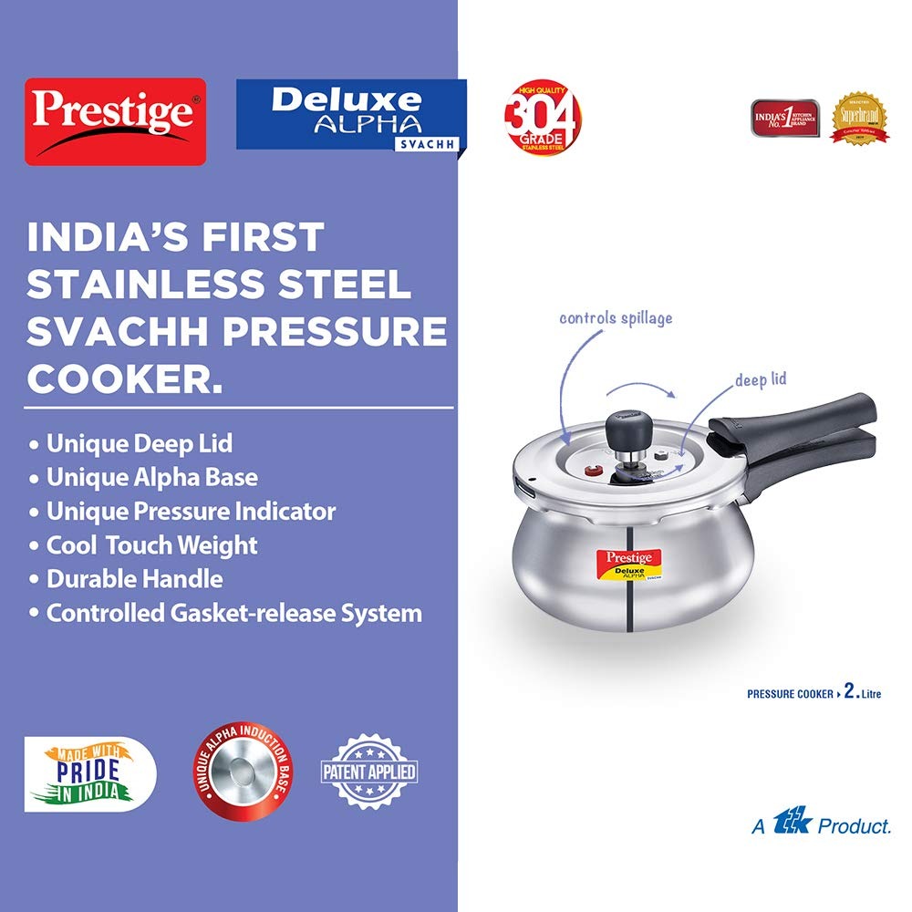 Prestige Svachh, 20266, 2 L, Alpha Baby Handi, With Deep Lid For Spillage Control, Stainless Steel, Silver, Outer Lid, 2 Liter