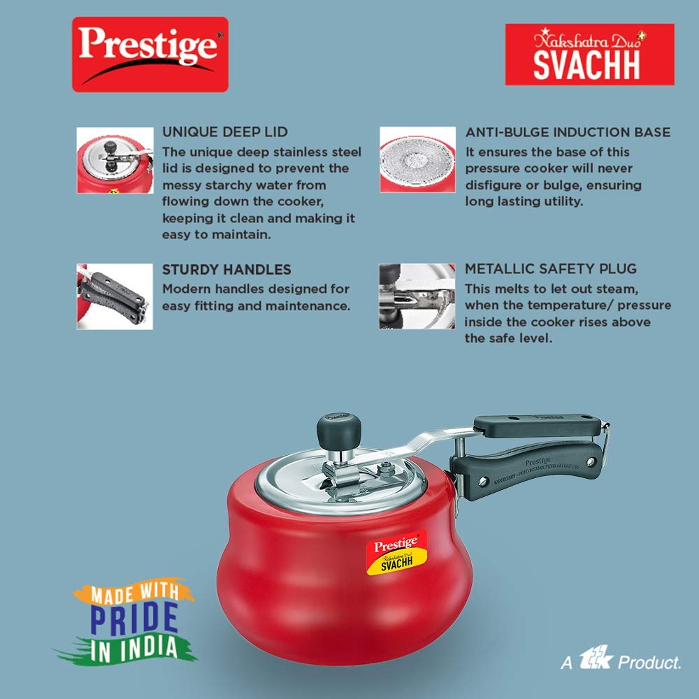 Prestige 2L Nakshatra DUO Plus Svachh Inner Lid Aluminium Handi|Ideal for 2-3 persons|Deep lid for Spillage Control|Gas or induction compatible|Red|5 years warranty | Eachdaykart