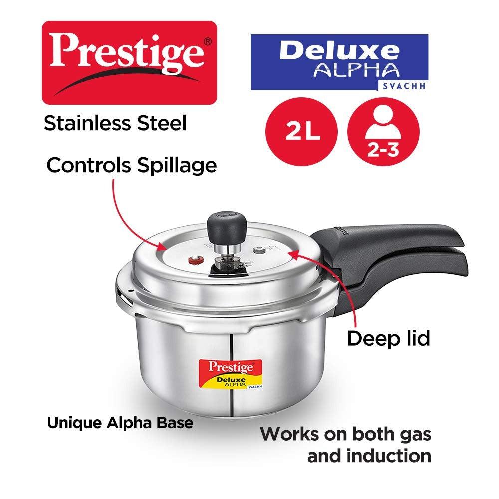 Prestige Svachh Deluxe Alpha 2.0 Litre Stainless Steel Outer Lid Pressure Cookers, Silver, 2 Liter | Eachdaykart