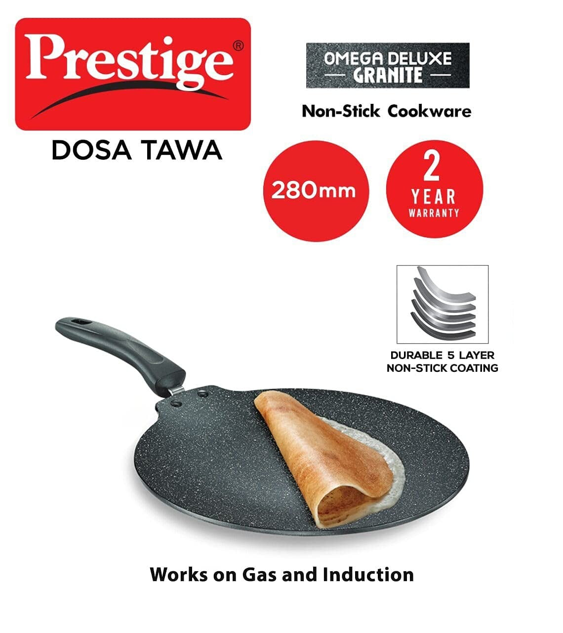 Prestige Omega Deluxe Granite Flat Dosa Tawa | Black | 28 cm