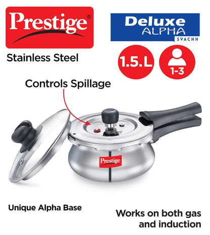 Prestige Deluxe Alpha Svachh Stainless Steel Outer Lid Pressure Cooker 1.5L with Glass Lid (With Deep Lid For Spillage Control)