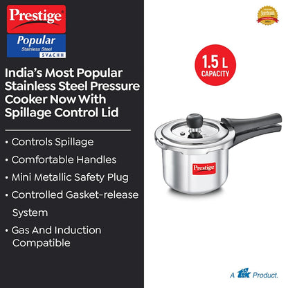 Prestige Svachh Popular Spillage Control Stainless Steel Outer Lid Pressure Cooker, 1.5 L (Silver)
