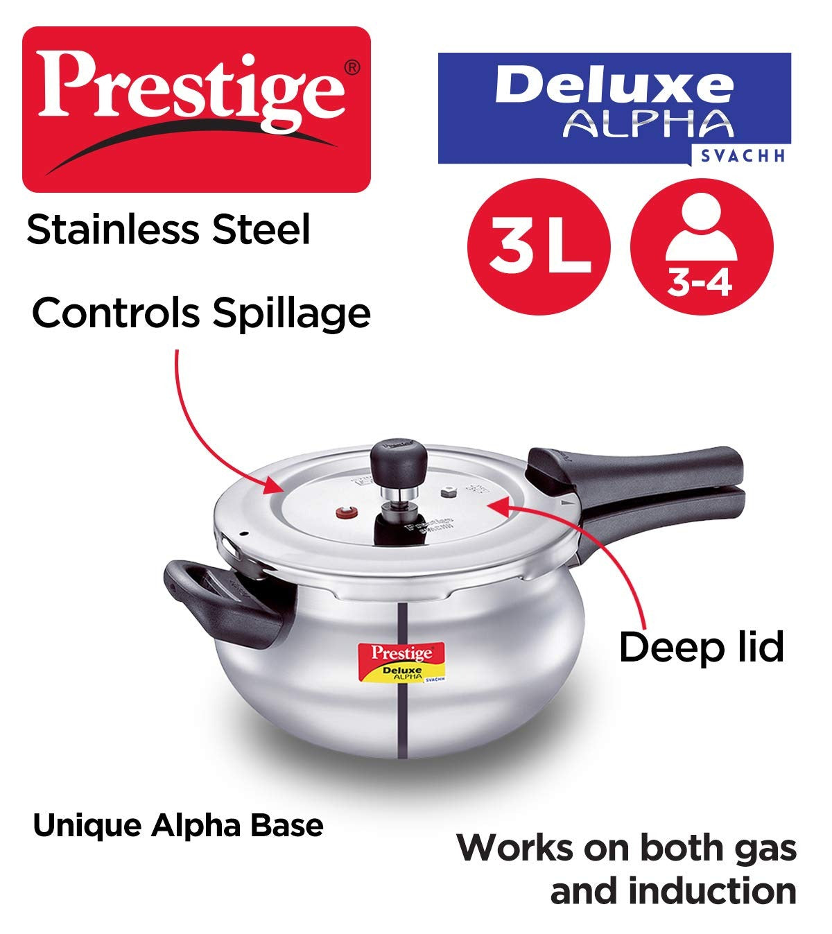 Prestige Svachh Deluxe Alpha Mini Pressure Handi, with deep lid for Spillage Control, 3 L, Stainless Steel, Silver, Outer Lid