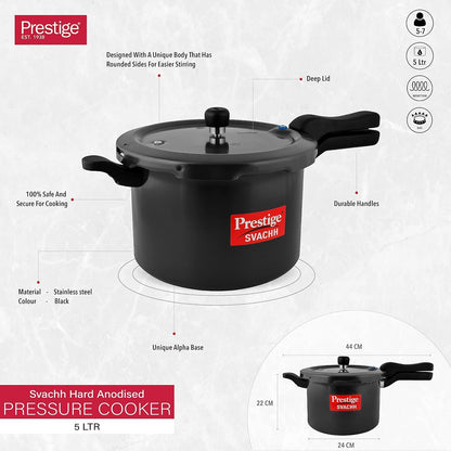 Prestige 5 Litres Svachh Induction Base Outer Lid Hard Anodized Pressure Cooker | Deep lid Spillage Control | Black | Anti-Bulge Base | Controlled Gasket Release System | Cool Touch Weight | Eachdaykart