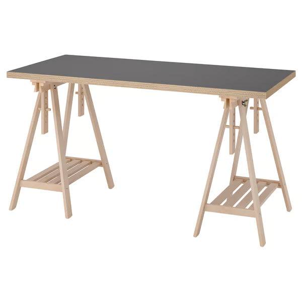 IKEA LAGKAPTEN / MITTBACK Desk, grey/wood effect birch, 140x60 cm (55 1/8x23 5/8 ")