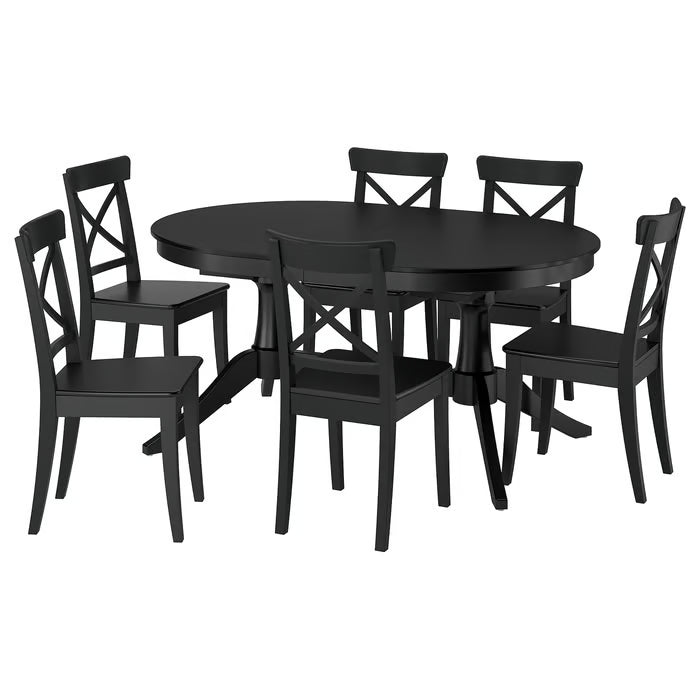 IKEA ROSENTORP / ROSENTORP Table and 6 chairs, black/black, 160/215x110 cm (63/84 5/8x43 1/4 ")