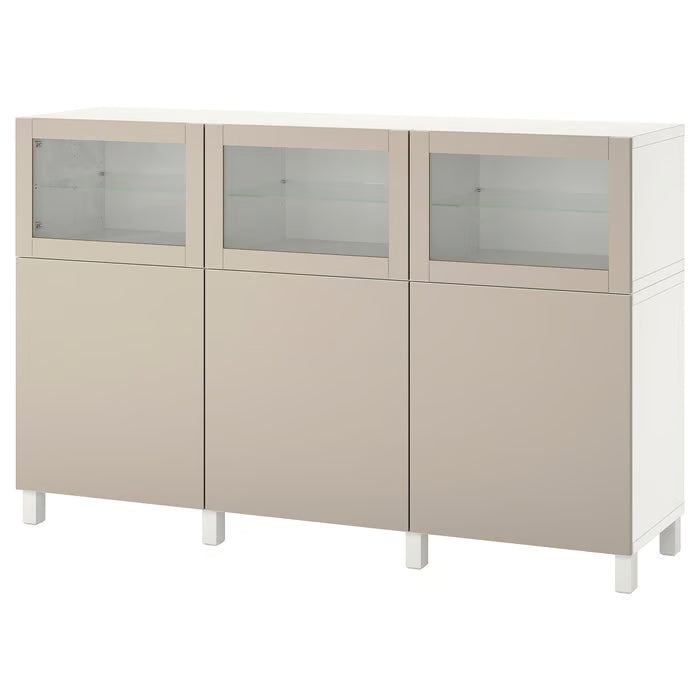 IKEA BESTA Storage combination with doors, white Lappviken/light grey-beige clear glass, 180x42x112 cm (70 7/8x16 1/2x44 1/8 ")