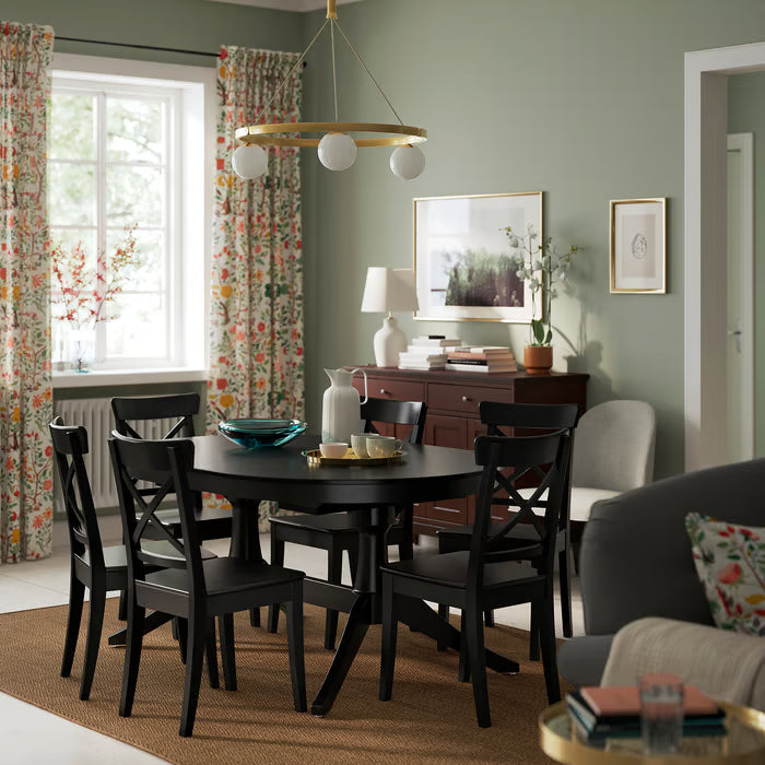 IKEA ROSENTORP / ROSENTORP Table and 6 chairs, black/black, 160/215x110 cm (63/84 5/8x43 1/4 ")