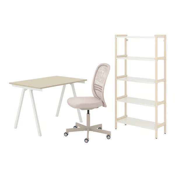 IKEA TROTTEN/FLINTAN / EKENABBEN Desk and storage combination, and swivel chair beige/white