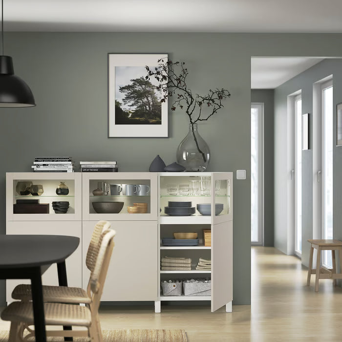 IKEA BESTA Storage combination with doors, white Lappviken/light grey-beige clear glass, 180x42x112 cm (70 7/8x16 1/2x44 1/8 ")