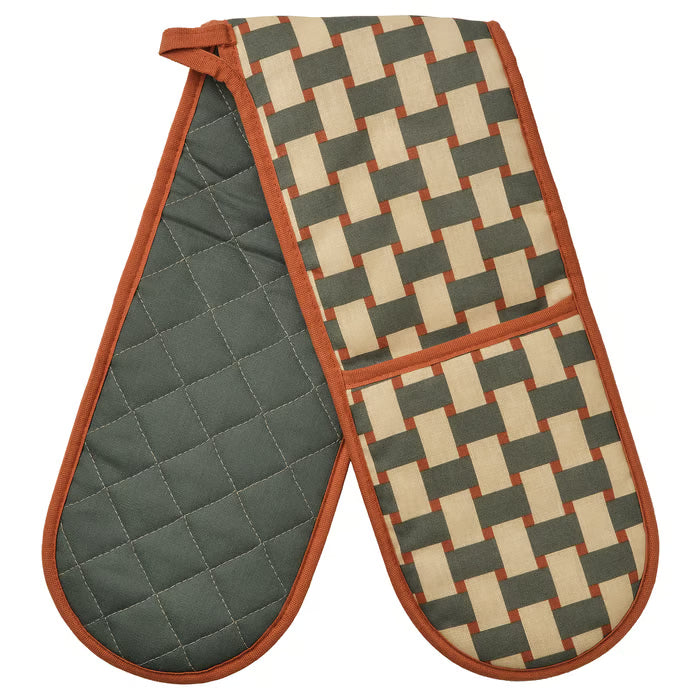 IKEA RINNIG Oven mitt, patterned light beige/grey-green brown-red