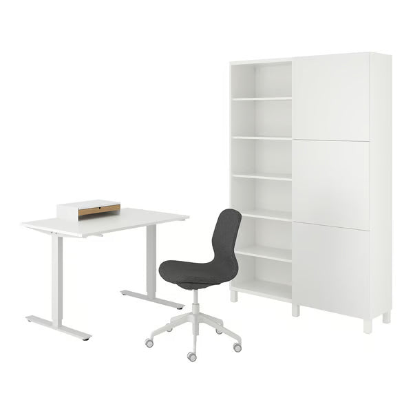 IKEA TROTTEN/LÅNGFJÄLL / BESTÅ/LAPPVIKEN Desk and storage combination, and swivel chair white/grey