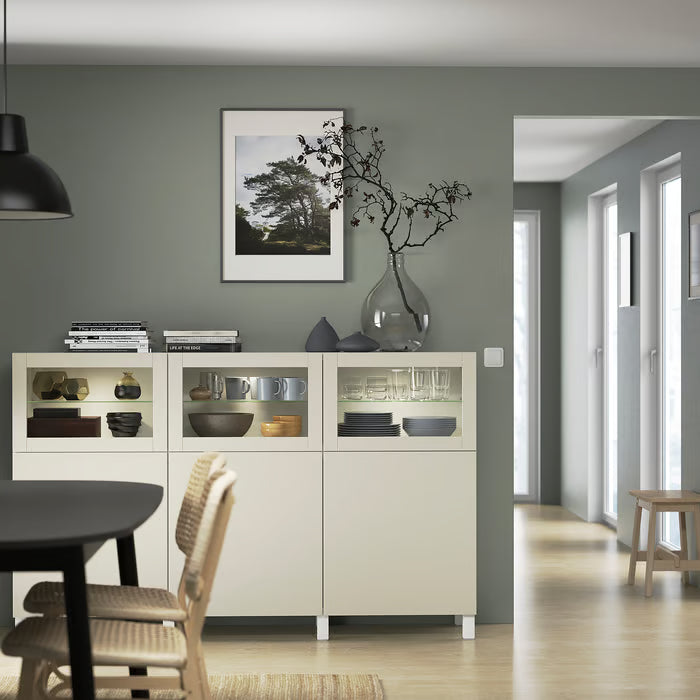 IKEA BESTA Storage combination with doors, white Lappviken/light grey-beige clear glass, 180x42x112 cm (70 7/8x16 1/2x44 1/8 ")