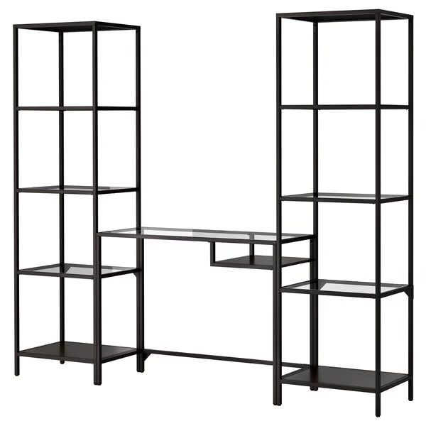IKEA VITTSJO Shelving unit with laptop table, black-brown/glass, 202x36x175 cm (79 1/2x14 1/8x68 7/8 ")