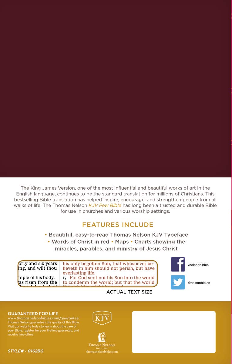 The Holy Bible: King James Version, Burgundy, Red Letter Edition, Pew Bible by Thomas Nelson Publishers