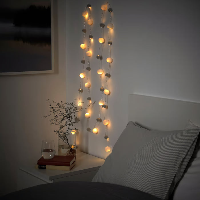 IKEA AKTERPORT LED lighting chain with 40 lights, battery-operated mini/pompon white/grey