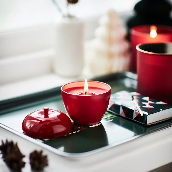 IKEA VINTERFINT Scented candle in metal tin, apple-shaped/Apple and cinnamon red, 24 hr