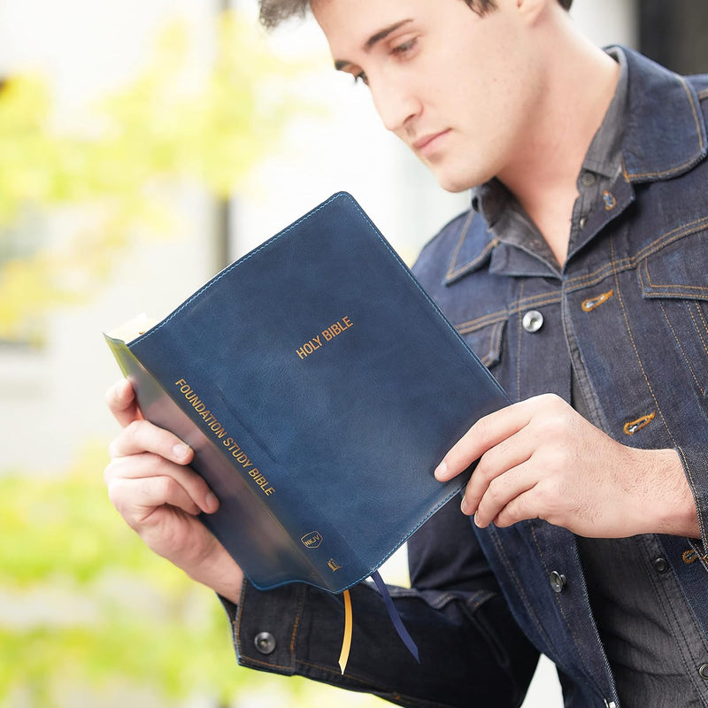 NKJV, Foundation Study Bible, Large Print, Leathersoft, Blue, Red Letter, Thumb Indexed, Comfort Print by Thomas Nelson