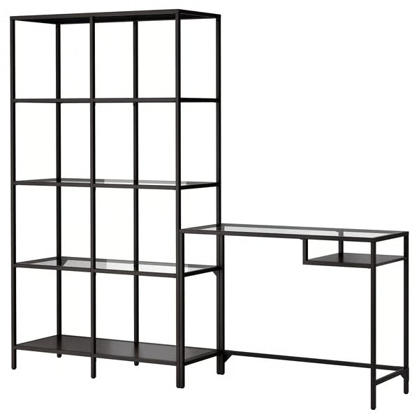 IKEA VITTSJÖ Shelving unit with laptop table, black-brown/glass, 200x36x175 cm (78 3/4x14 1/8x68 7/8 ")
