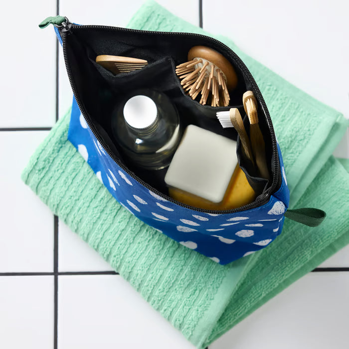 IKEA SKOGSSALLAT Toiletry bag, blue/white/dotted