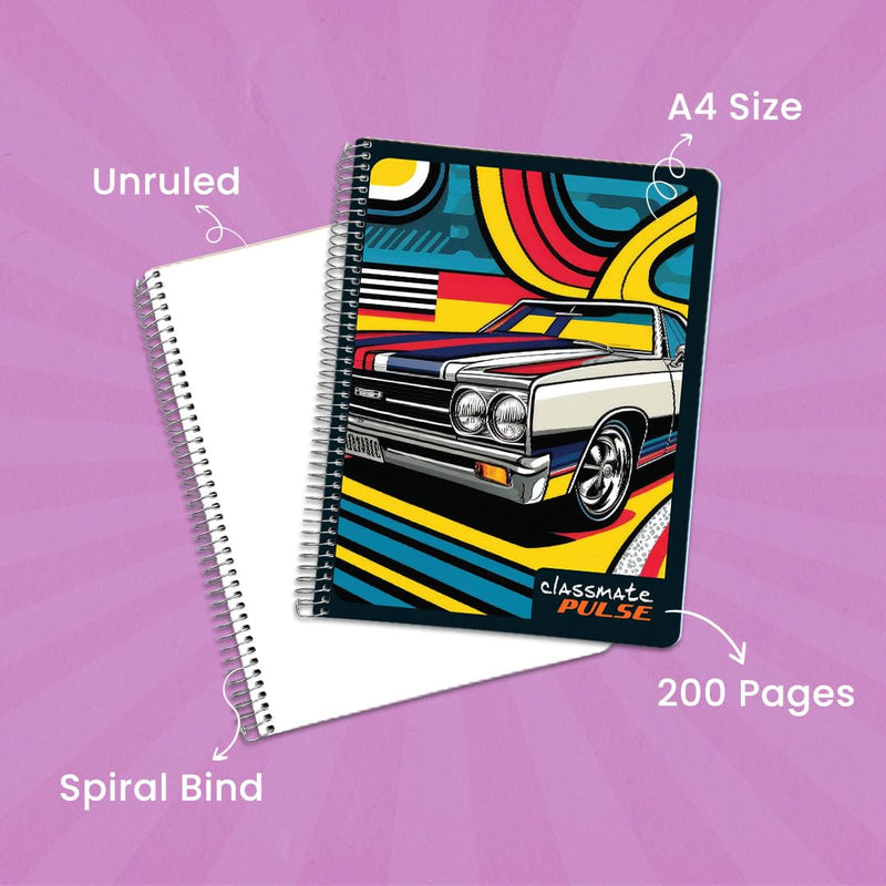 Classmate Pulse Single Subject Spiral Notebook | Unruled, 200 Pages, Pack of 4