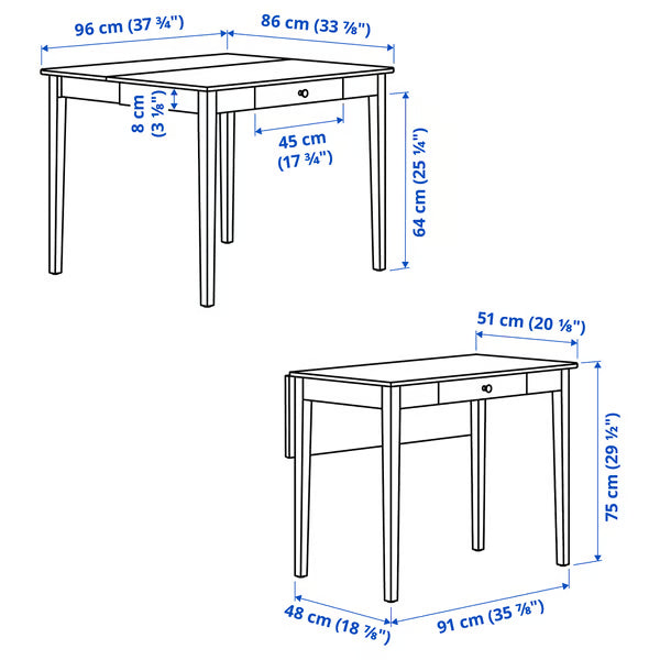 IKEA IDANAS Drop-leaf table, white, 51/86x96 cm (20 1/8/33 7/8x37 3/4 ")