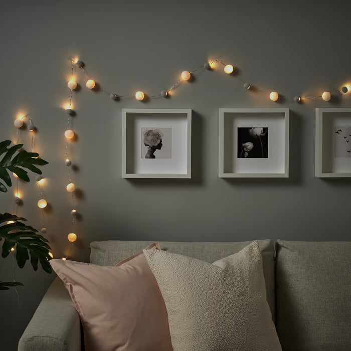 IKEA AKTERPORT LED lighting chain with 40 lights, battery-operated mini/pompon white/grey