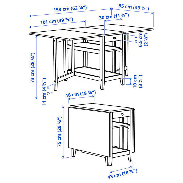 IKEA Näsinge Gateleg table with storage, white, 48/104/159x85 cm (18 7/8/41/62 5/8x33 1/2 ")
