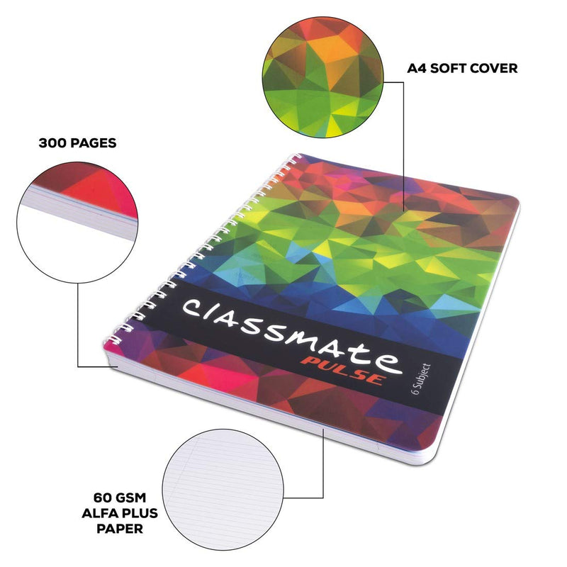 Classmate Pulse 6-Subject Spiral Notebook | Single Line, 300 Pages, A4 Size