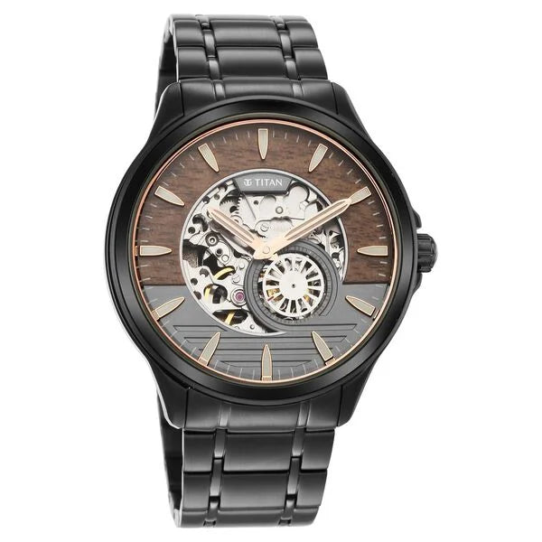 Titan Automatic Black Dial Stainless Steel Strap Watch for Men