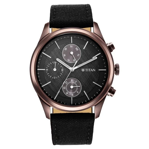 Titan Men's Infinity Chrono watch: Precise Blue Dial, Rose Gold Highlights, Durable Leather Strap