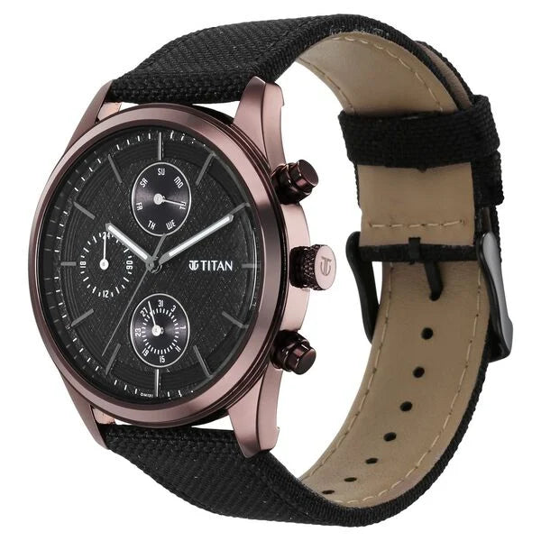 Titan Men's Infinity Chrono watch: Precise Blue Dial, Rose Gold Highlights, Durable Leather Strap