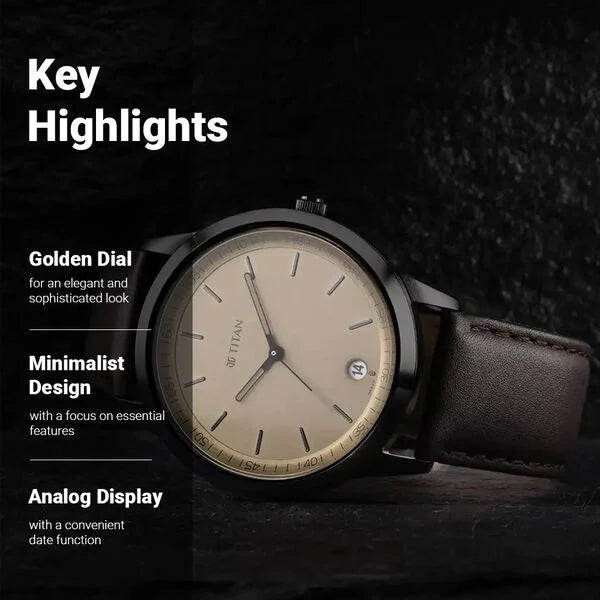 Titan Men's Timeless Style Watch: Refined Gold Dial and Leather Strap