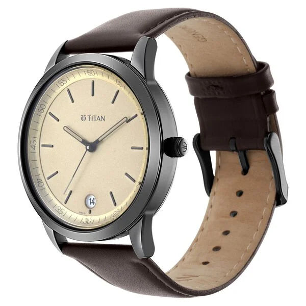 Titan Men's Timeless Style Watch: Refined Gold Dial and Leather Strap
