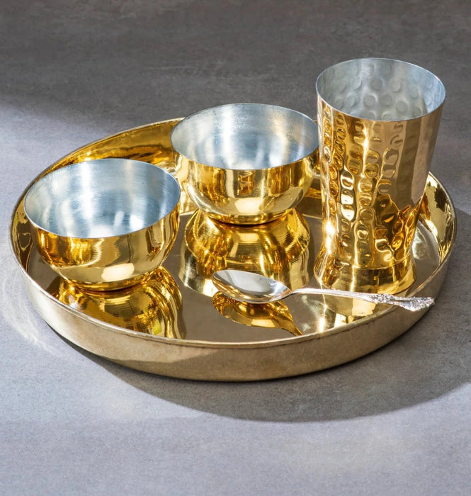 Brass Thaali Set 5 pieces set 1 Thaali, 2 bowls, 1 glass and 1 spoon | Brass eating plate