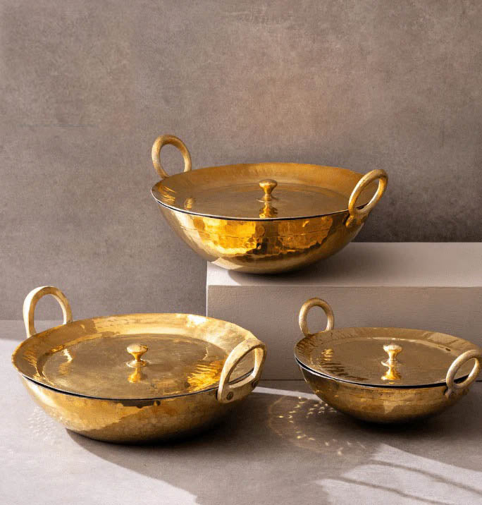 3er-Set Messing-Kadhais (1 l runder Boden, 3 l runder Boden, 3 l flacher Boden) | Messing-Kochgeschirr