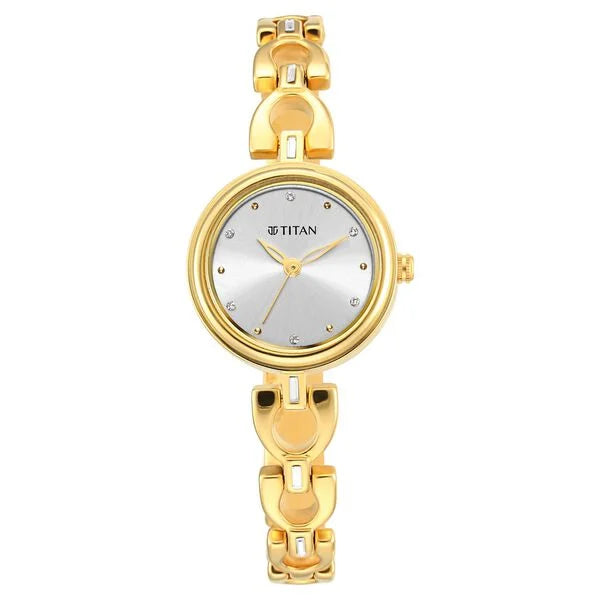 Titan Lagan Silver Dial Golden Metal Strap Watch for Women