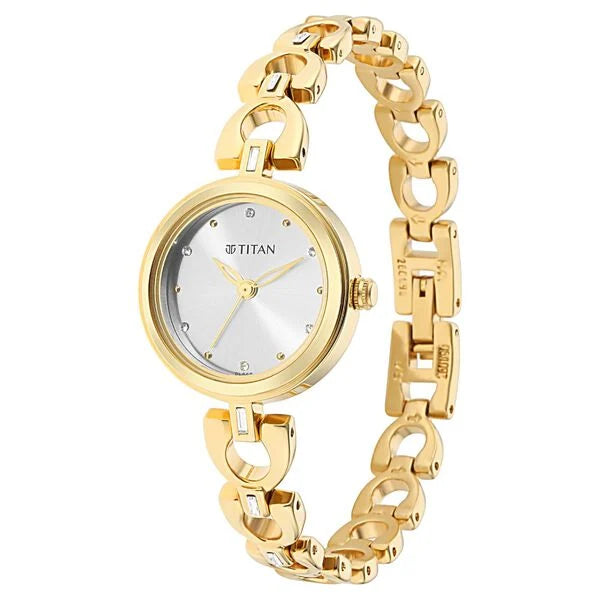 Titan Lagan Silver Dial Golden Metal Strap Watch for Women