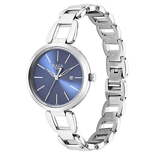 Titan Raga Viva Blue Dial Analog with Date Silver Metal Strap Watch for Women