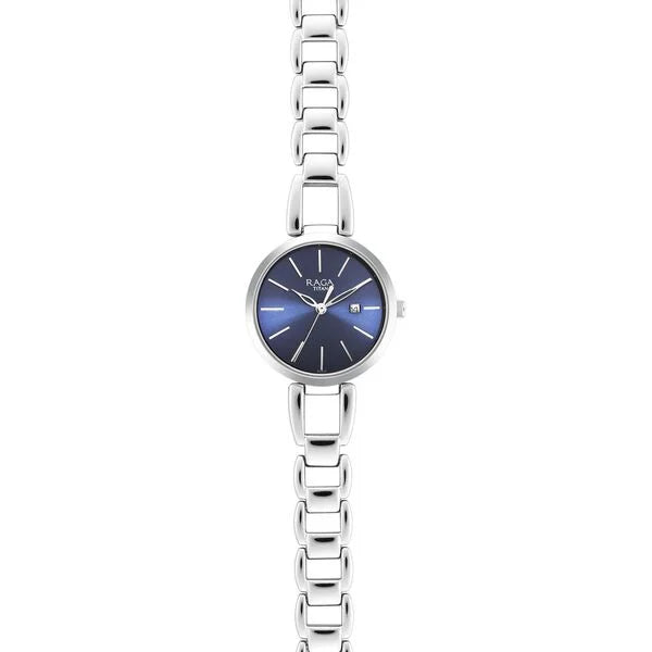 Titan Raga Viva Blue Dial Analog with Date Silver Metal Strap Watch for Women