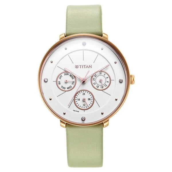 Titan Neo Quartz Multifunction White Dial Leather Strap Watch for Women