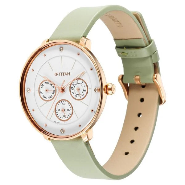 Titan Neo Quartz Multifunction White Dial Leather Strap Watch for Women