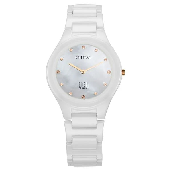 Titan Edge Ceramic Quartz in Arctic White with Diamonds and Rich Mother Of Pearl Dial Watch for Women