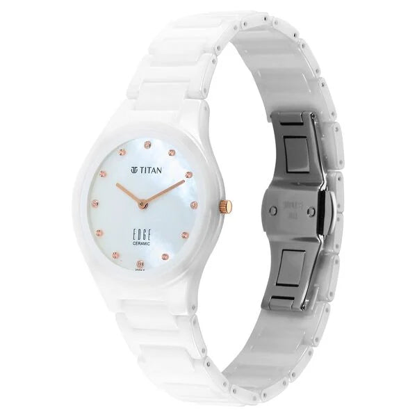 Titan Edge Ceramic Quartz in Arctic White with Diamonds and Rich Mother Of Pearl Dial Watch for Women