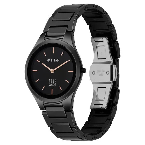 Titan Edge Ceramic Quartz in Glossy Black Dial Watch for Women